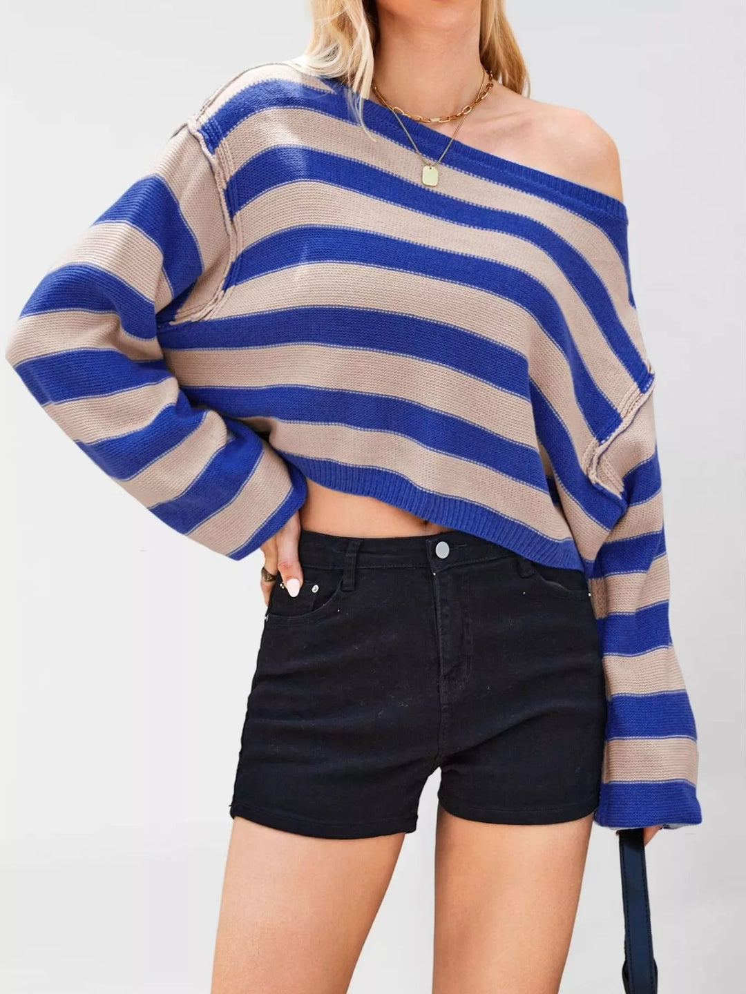 Blue Striped oversized boat neck cropped sweater with exposed seams