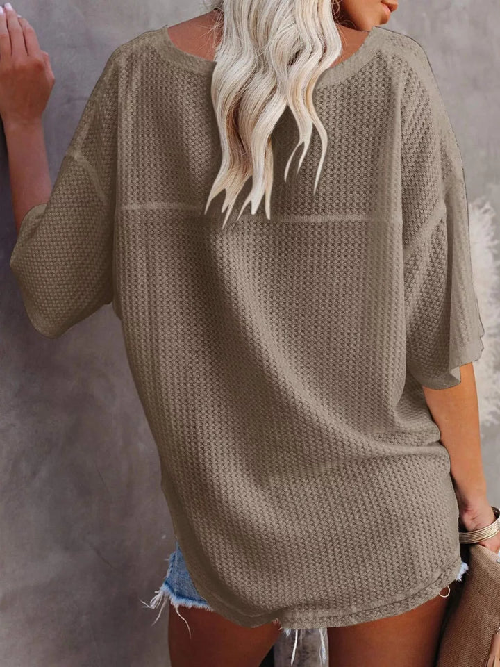 Waffle knit v-neck drop shoulder short sleeve tee