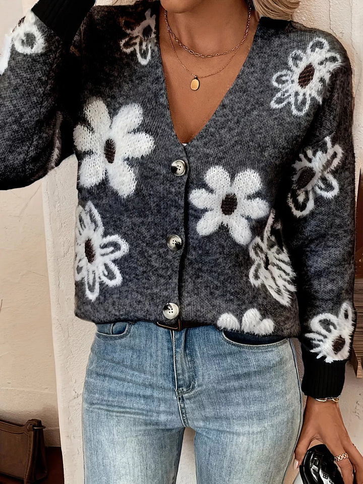 Black Fuzzy floral knit button-up V-neck cardigan