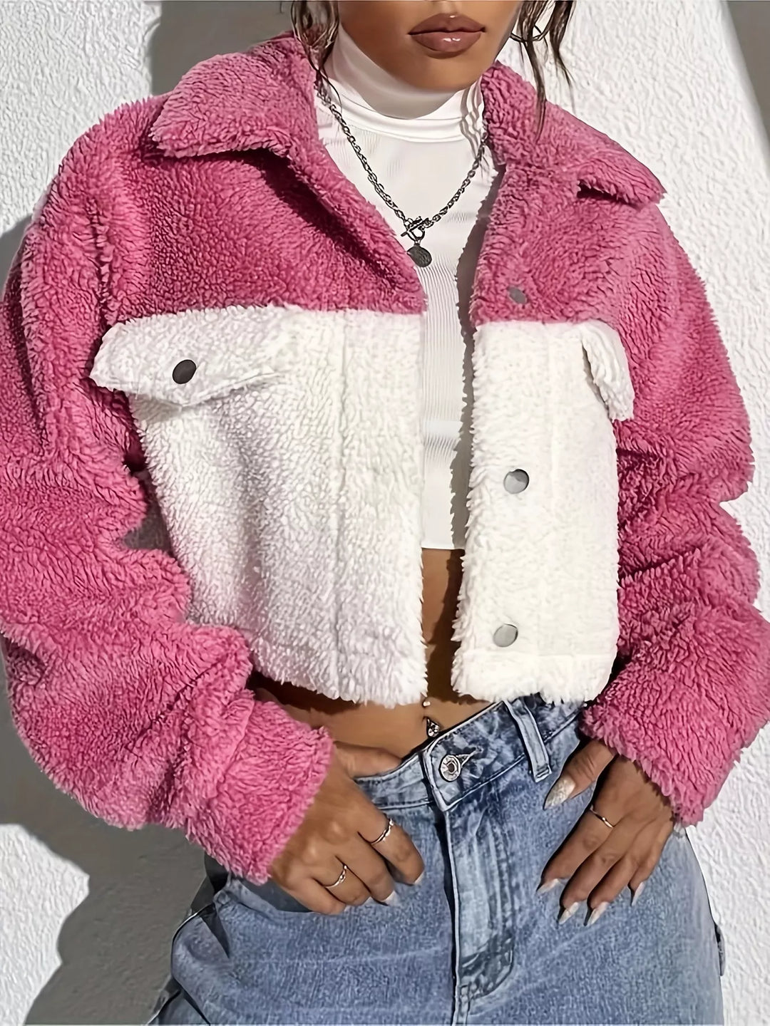 Pink Two-tone sherpa cropped trucker jacket with snap front