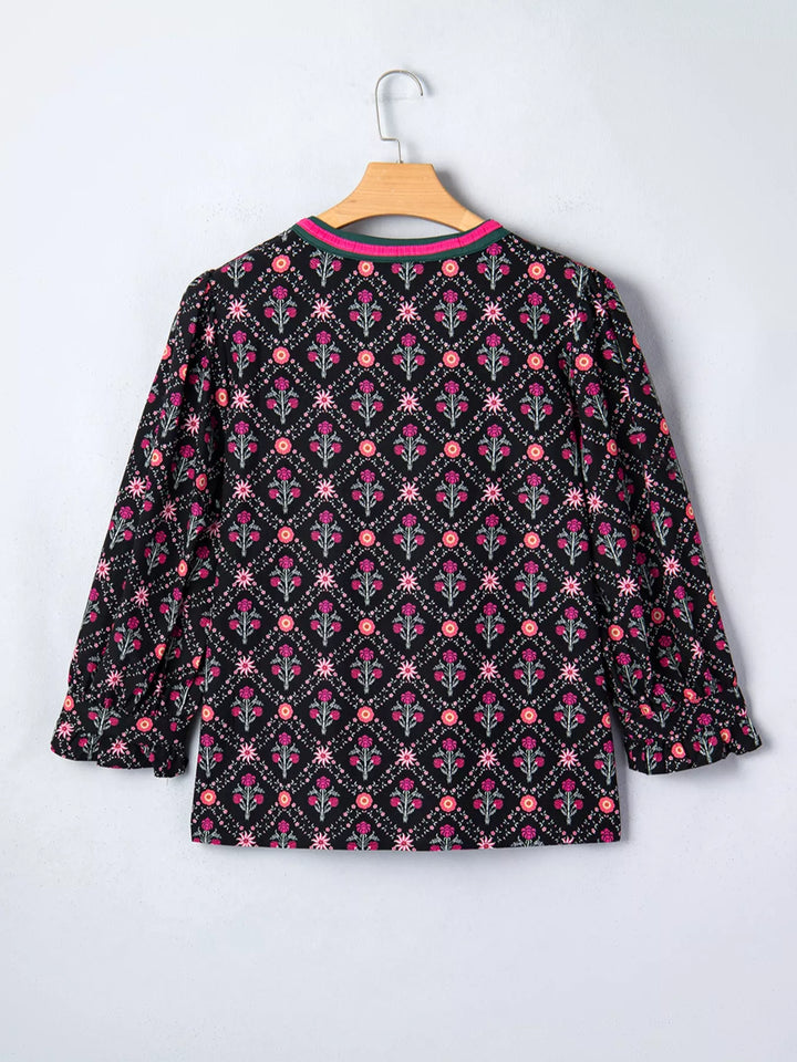 Vintage floral contrast V-neck blouse with bracelet sleeves