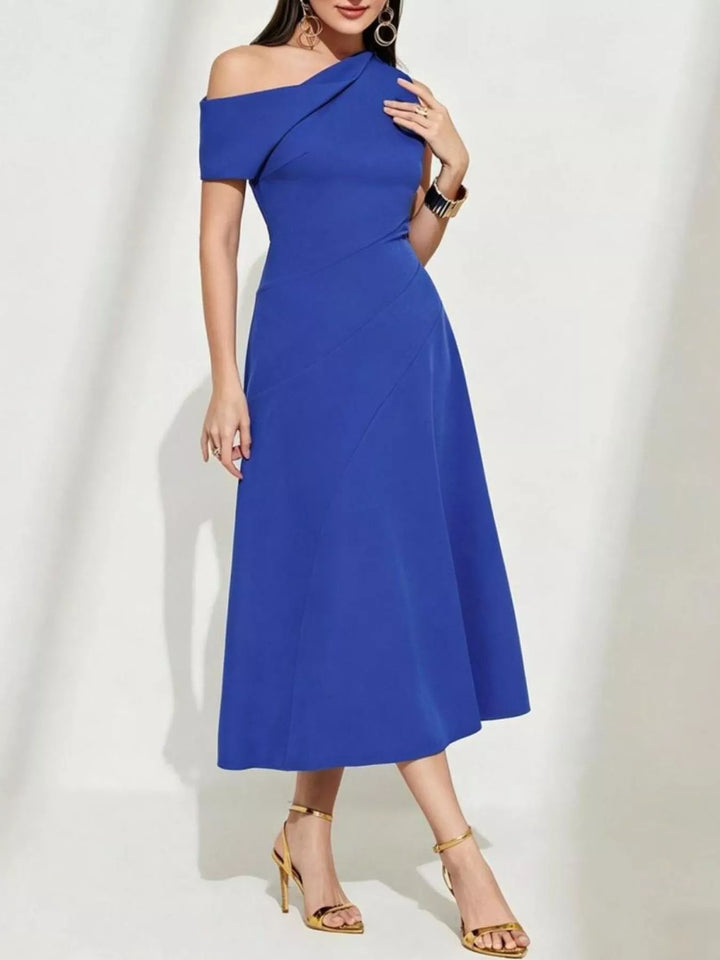 One-shoulder pleated midi dress with asymmetric neckline