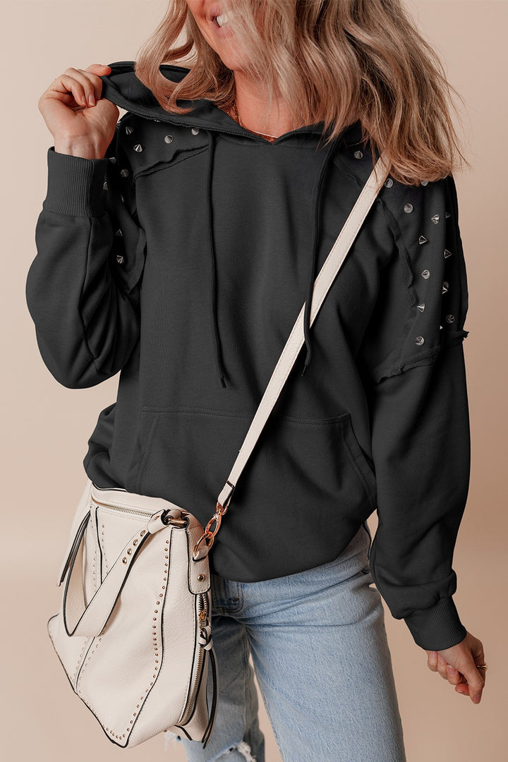 Black Studded exposed-seam drawstring pullover hoodie