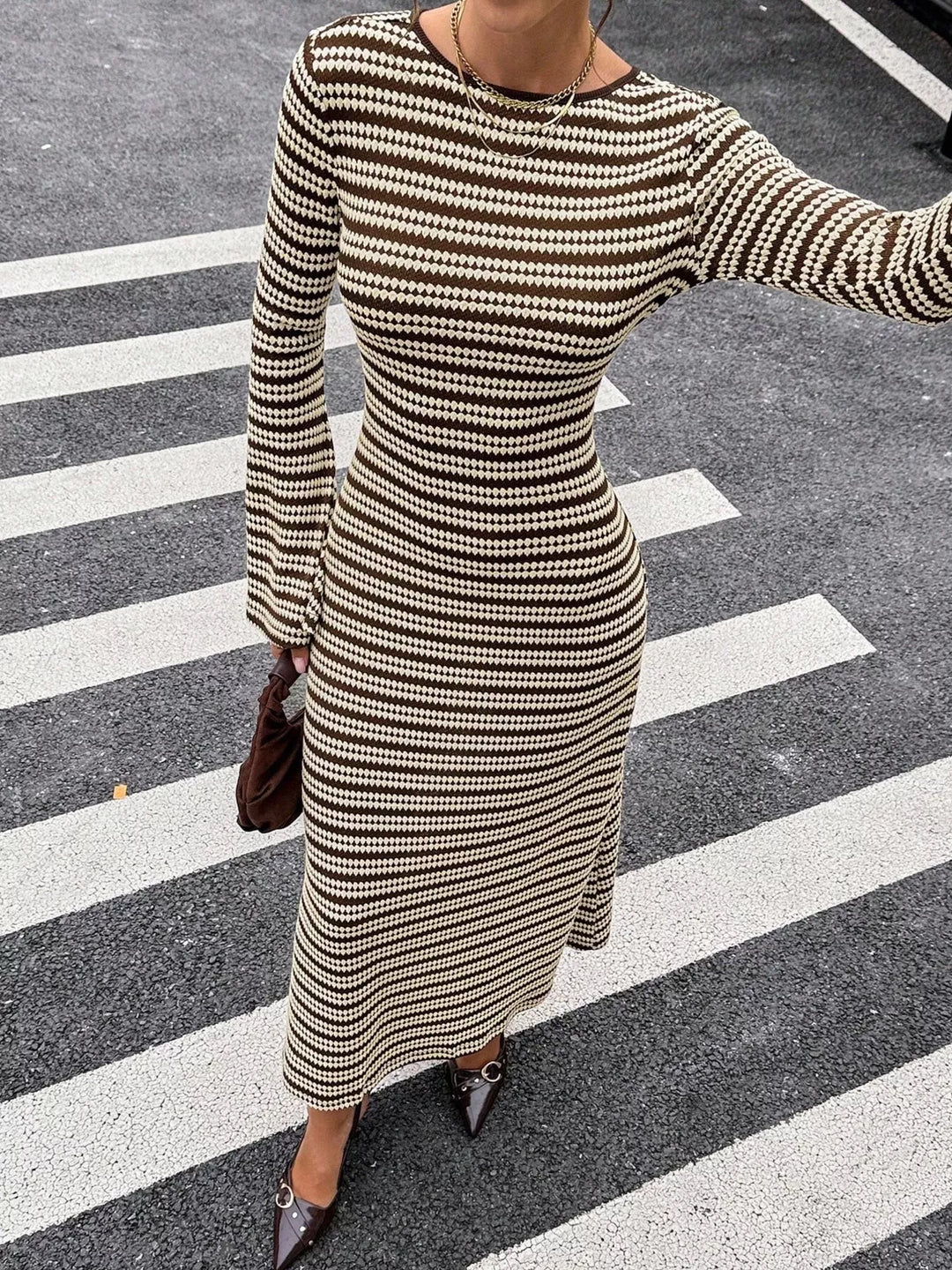 Striped knit maxi sweater dress with flared sleeves