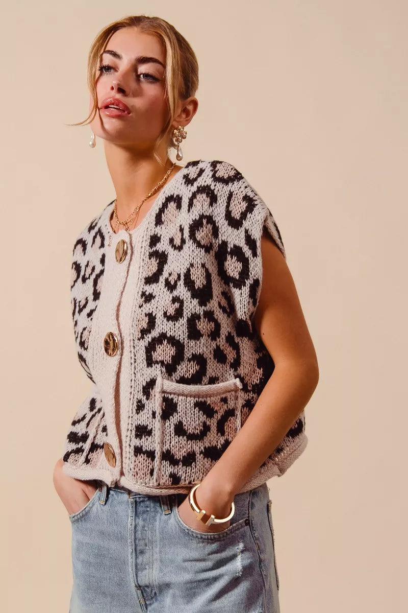 Leopard knit button-front sweater vest with gold buttons