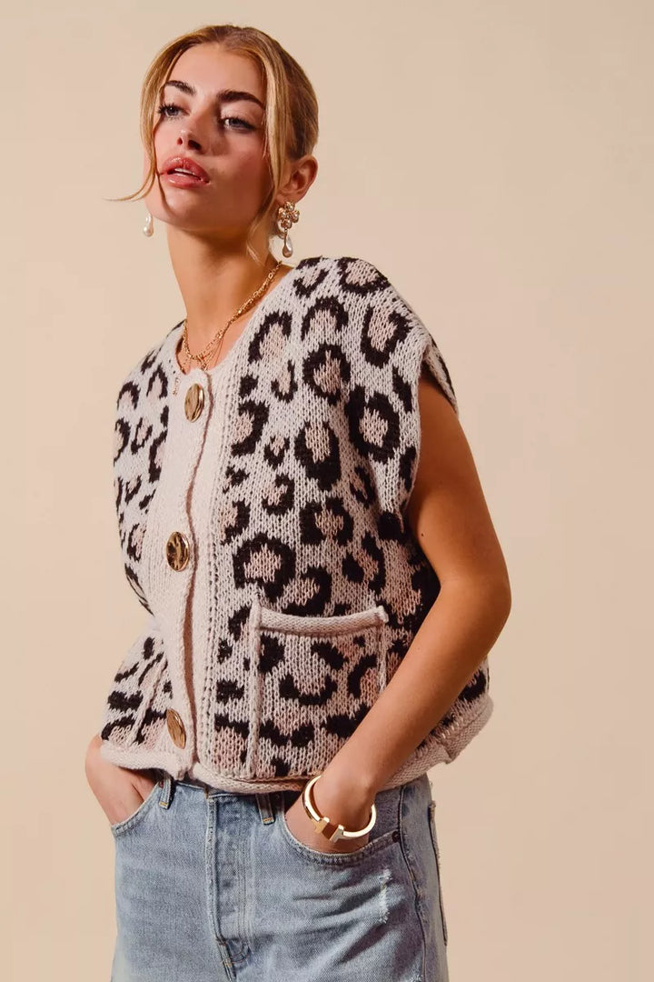 Leopard knit button-front sweater vest with gold buttons