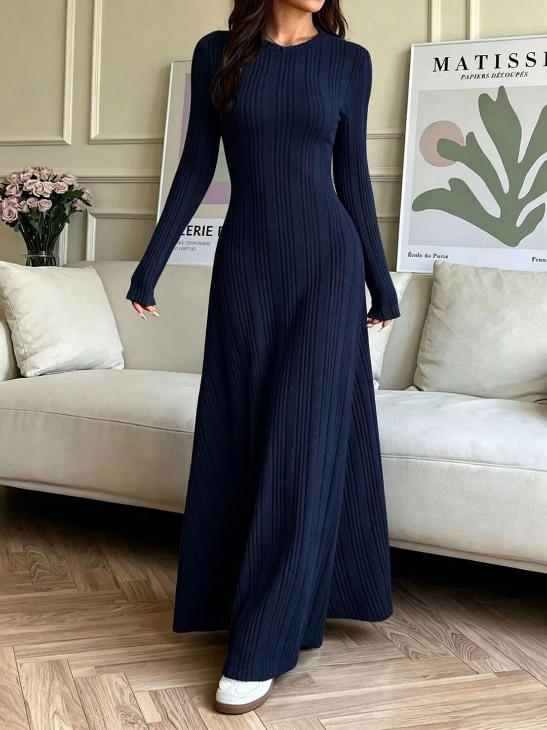 Dark Navy Ribbed knit long sleeve maxi dress with flared skirt