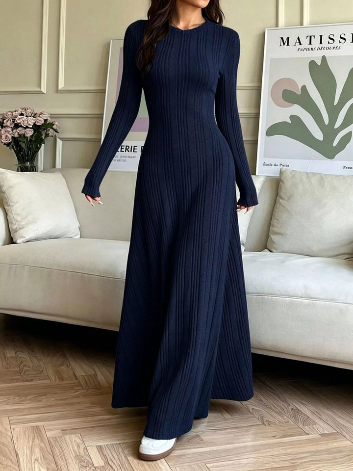 Dark Navy Ribbed knit long sleeve maxi dress with flared skirt