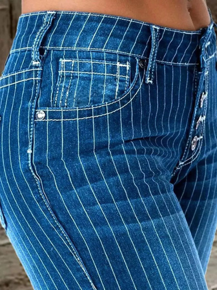 Pinstripe mid-rise button-fly flare jeans