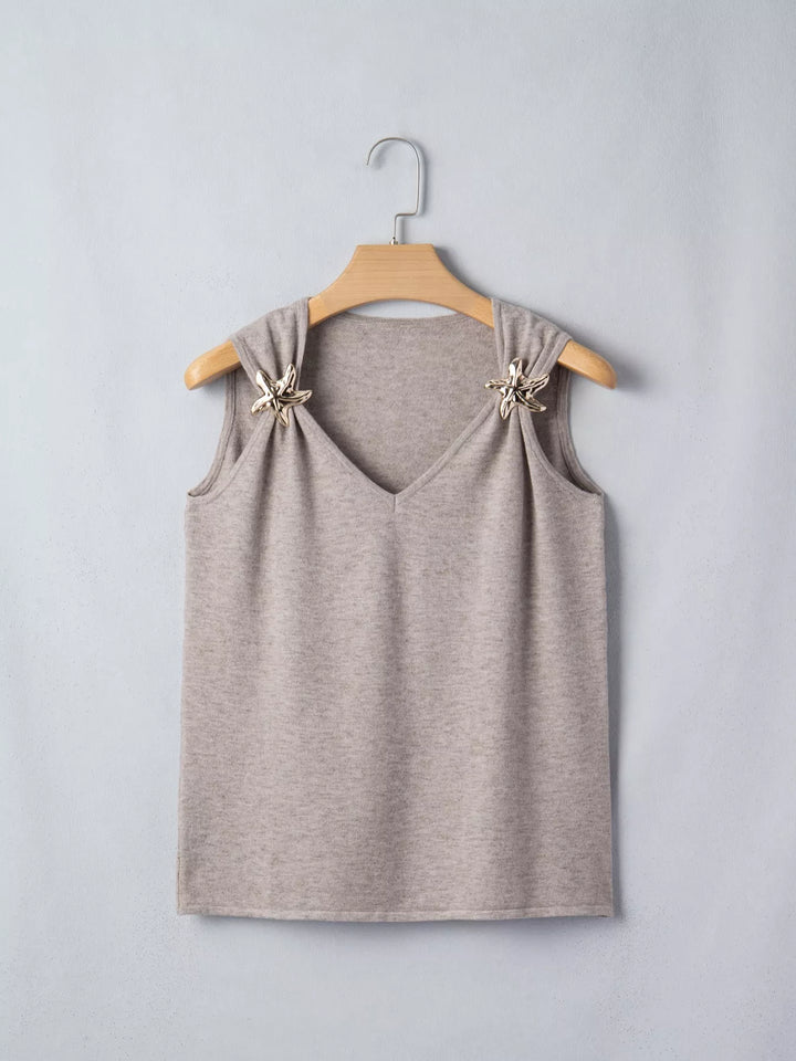 V-neck knit tank with metal starfish shoulder detail