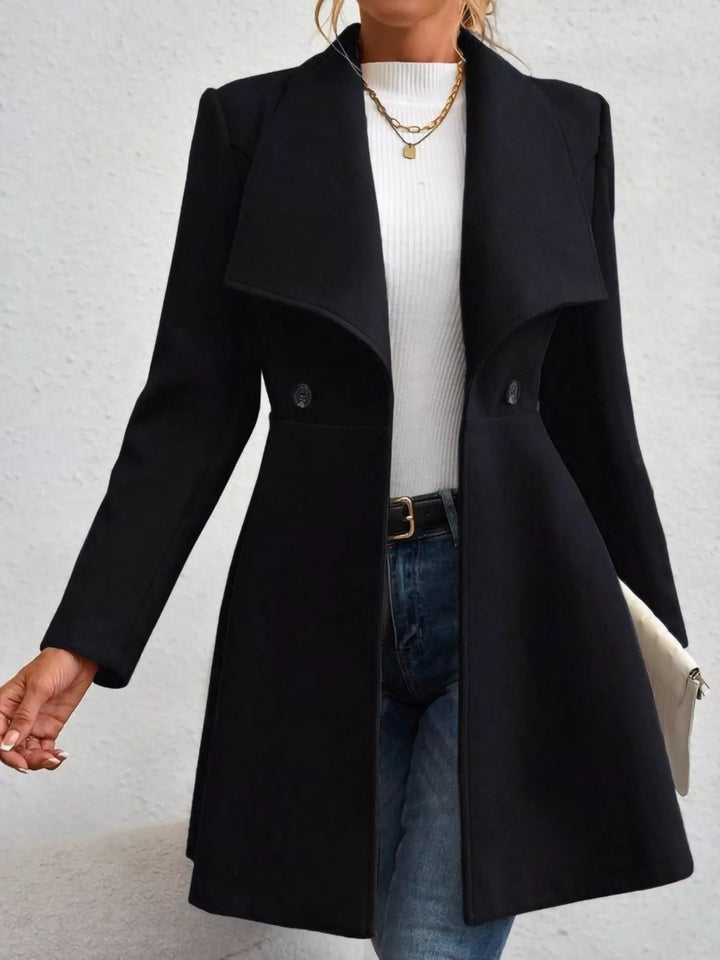 Black Wide lapel fit-and-flare coat with peplum hem