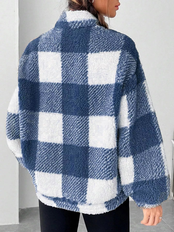 Plaid sherpa quarter-zip pullover with front pocket