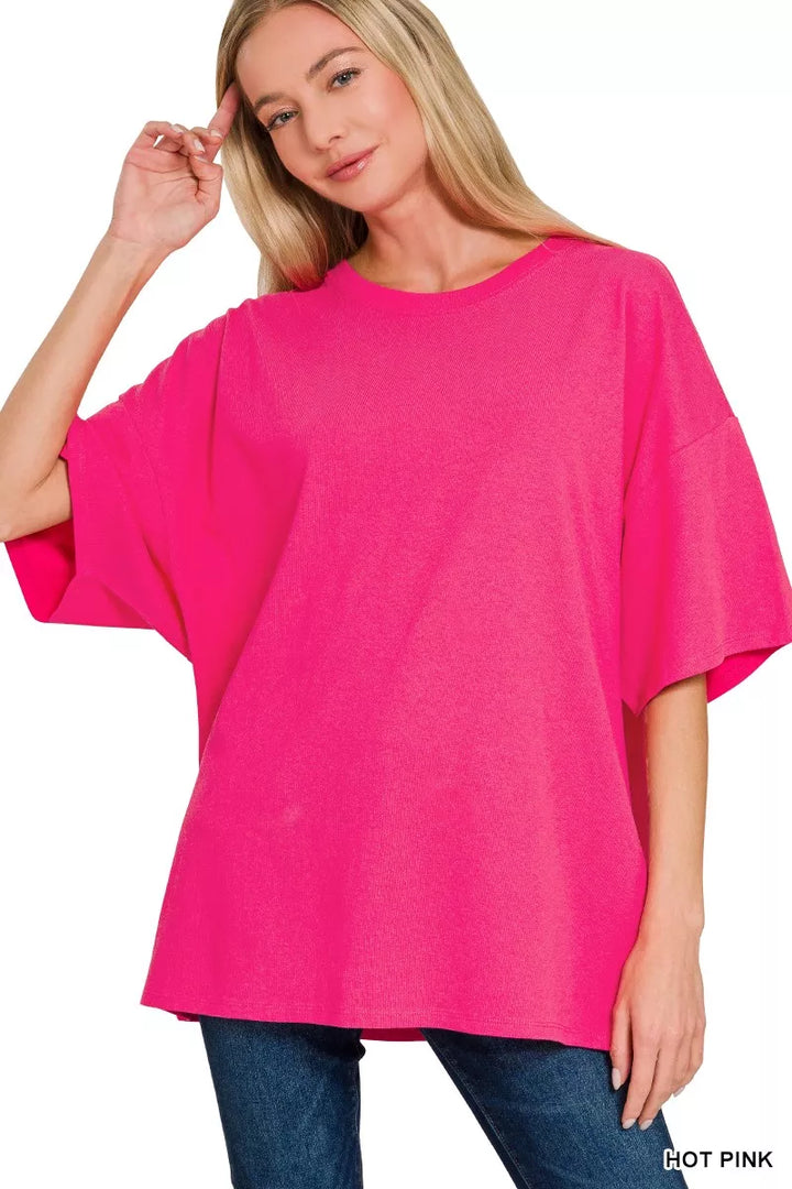 HOT PINK Oversized short sleeve crew neck tunic tee