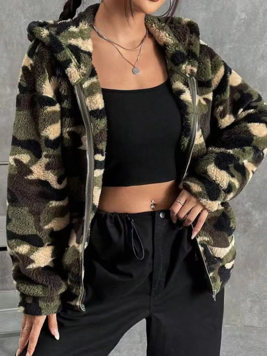 Cropped fuzzy camo zip-up fleece hoodie jacket