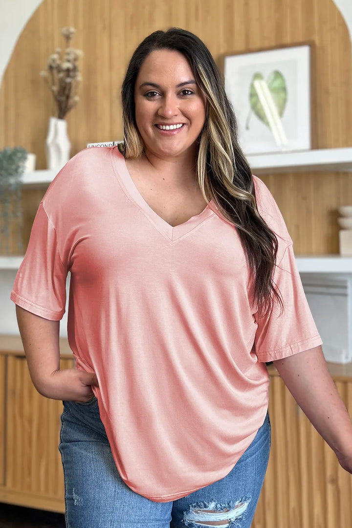 Bamboo blend drop-shoulder v-neck oversized tee