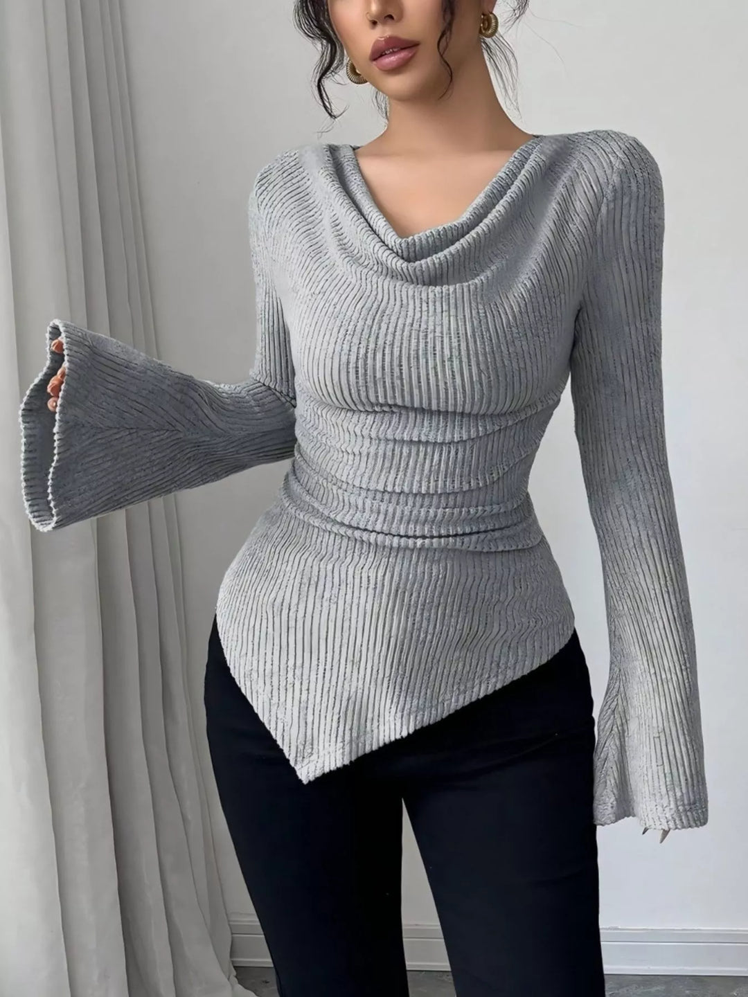 Cowl neck ribbed knit top with flare sleeves