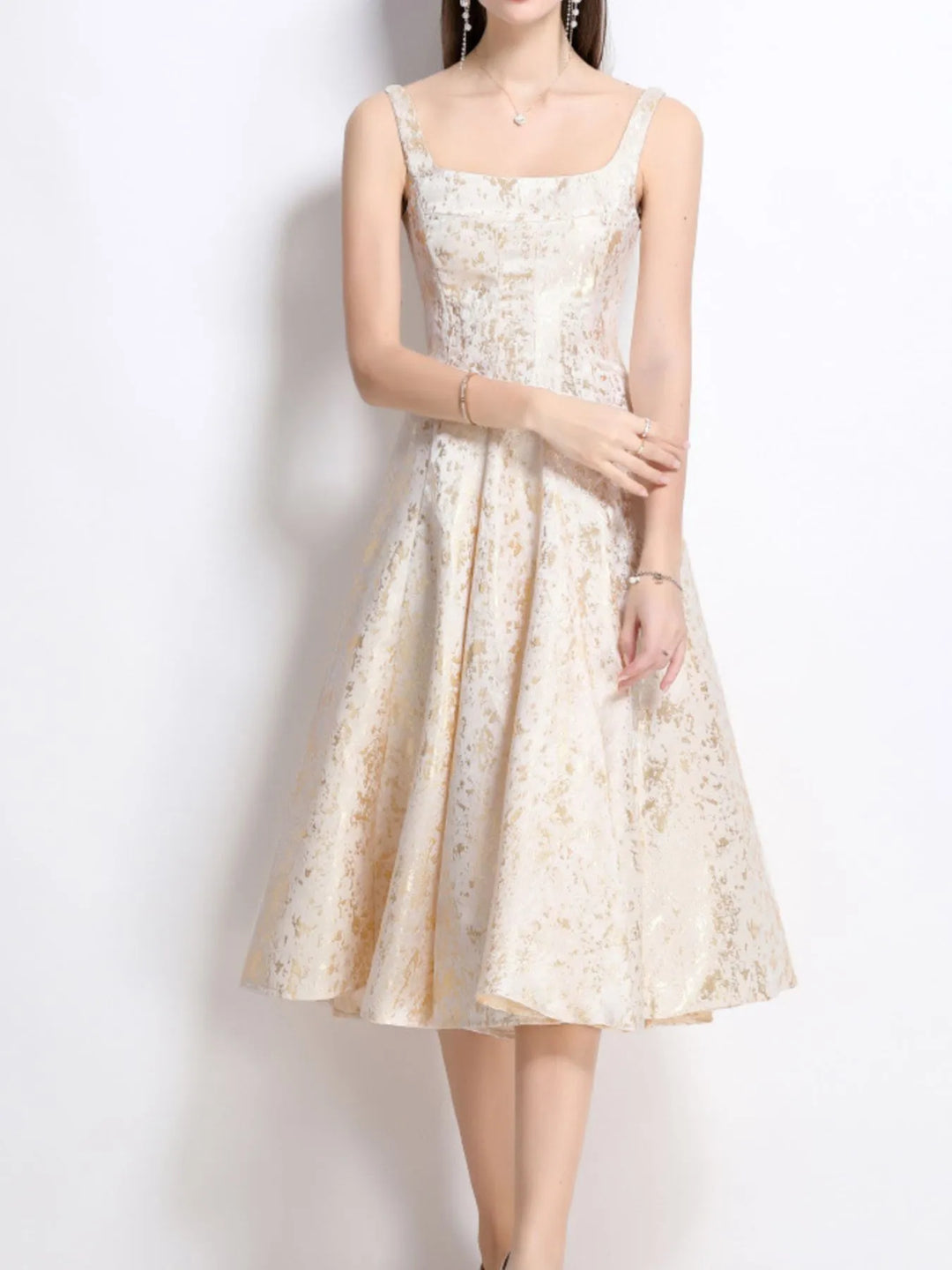 Square neck A-line midi dress with metallic shimmer print