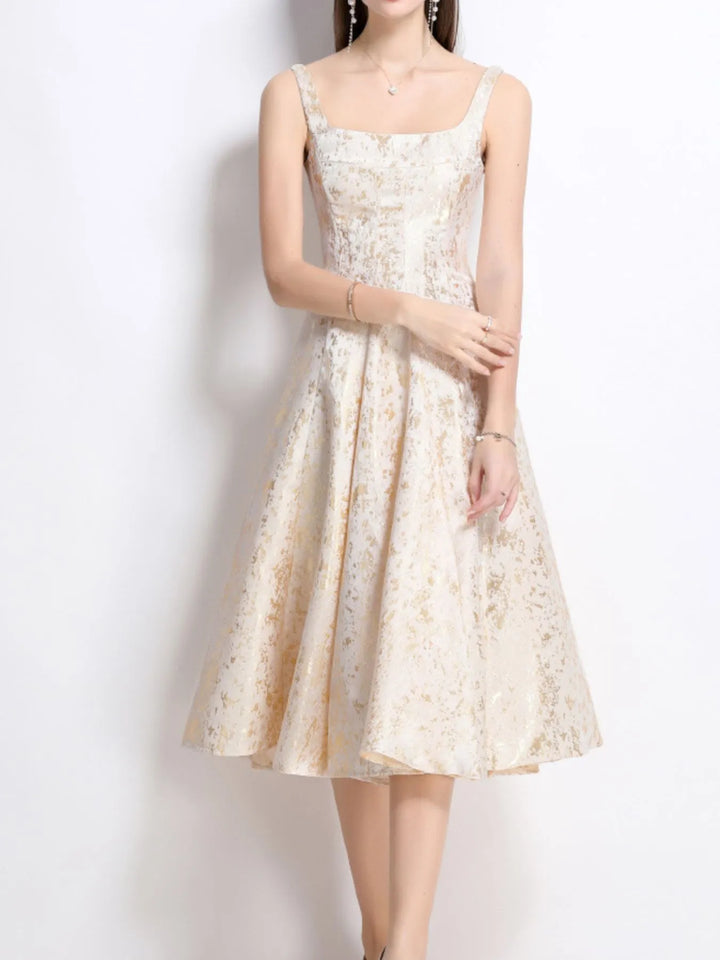 Square neck A-line midi dress with metallic shimmer print