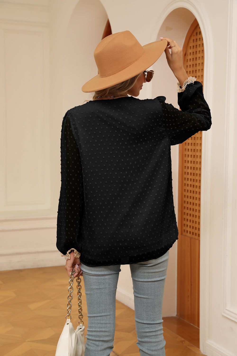 Swiss dot V-neck blouse with crochet lace trim and cuffs