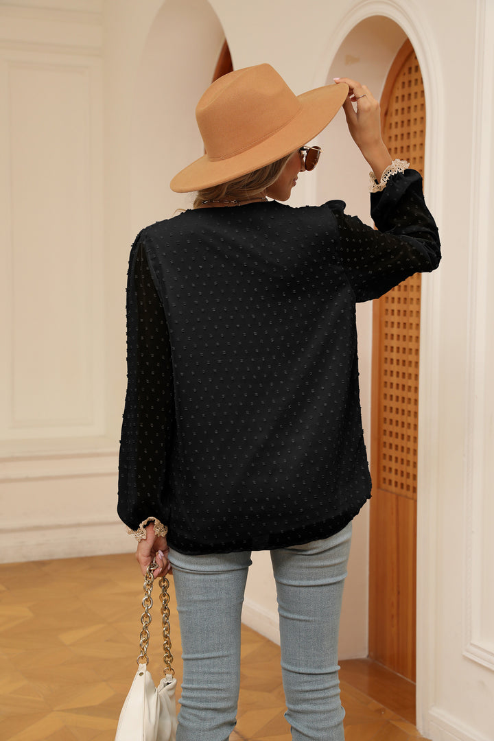 Swiss dot V-neck blouse with crochet lace trim and cuffs