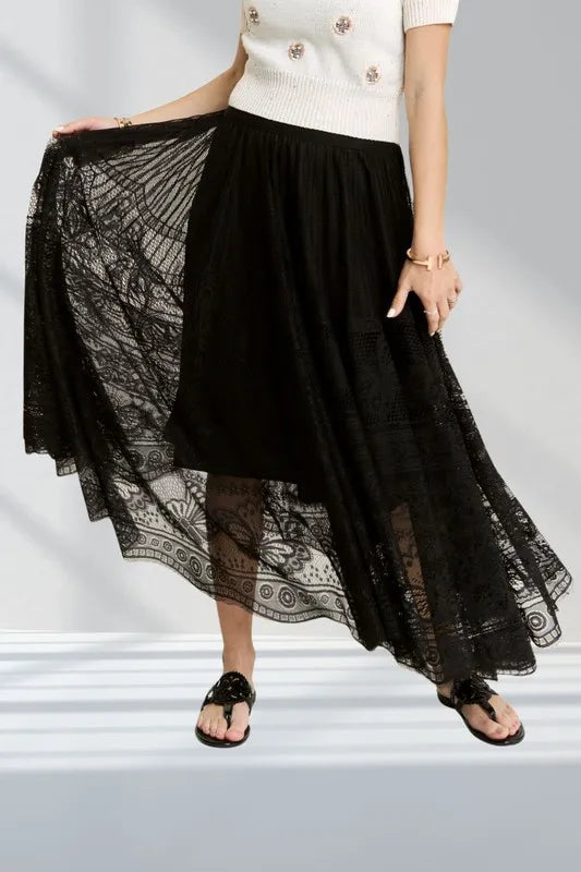 Tiered lace maxi skirt with elastic waist and raw hem
