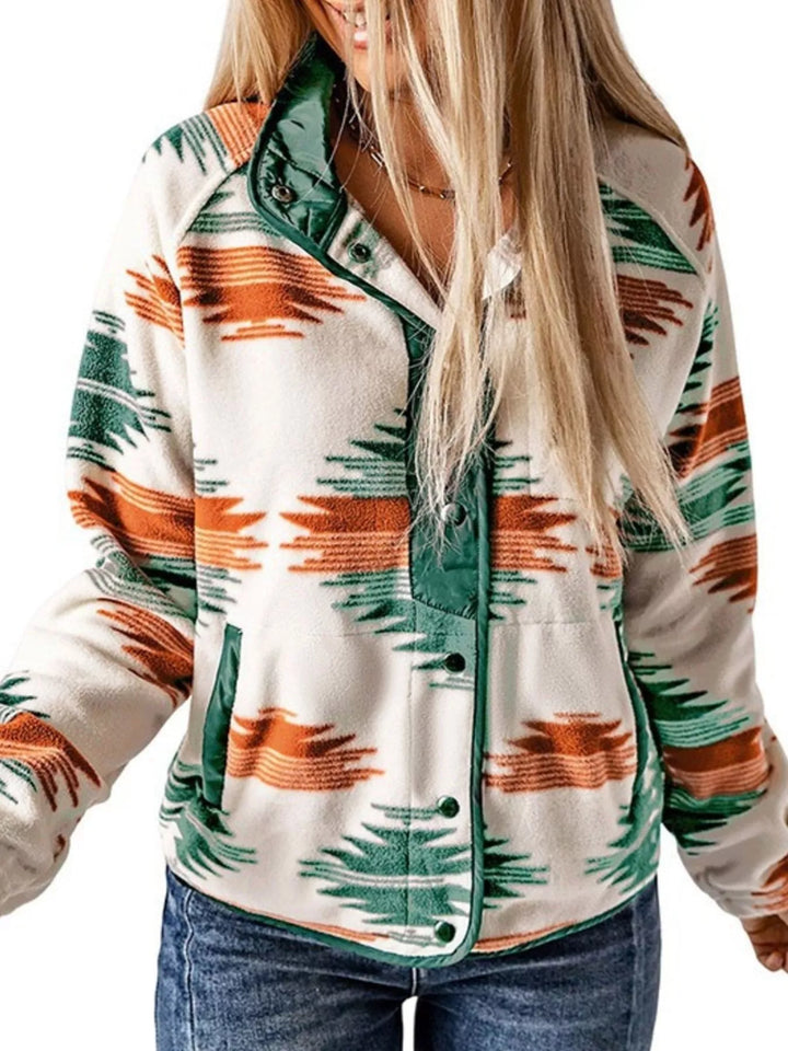 Aztec print fleece snap-front jacket with zip chest pocket