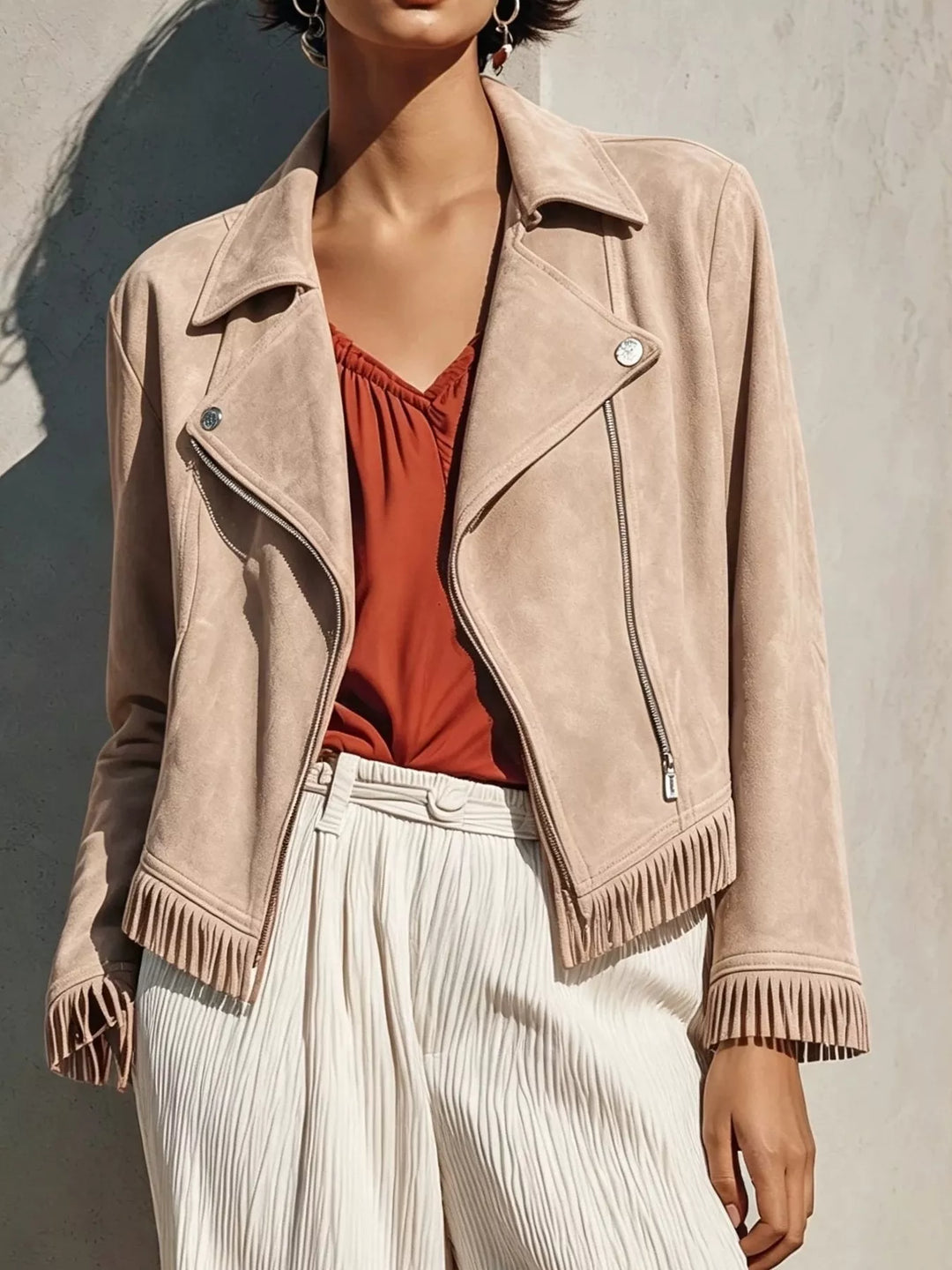 Apricot Fringe hem faux leather moto jacket with asymmetrical zip