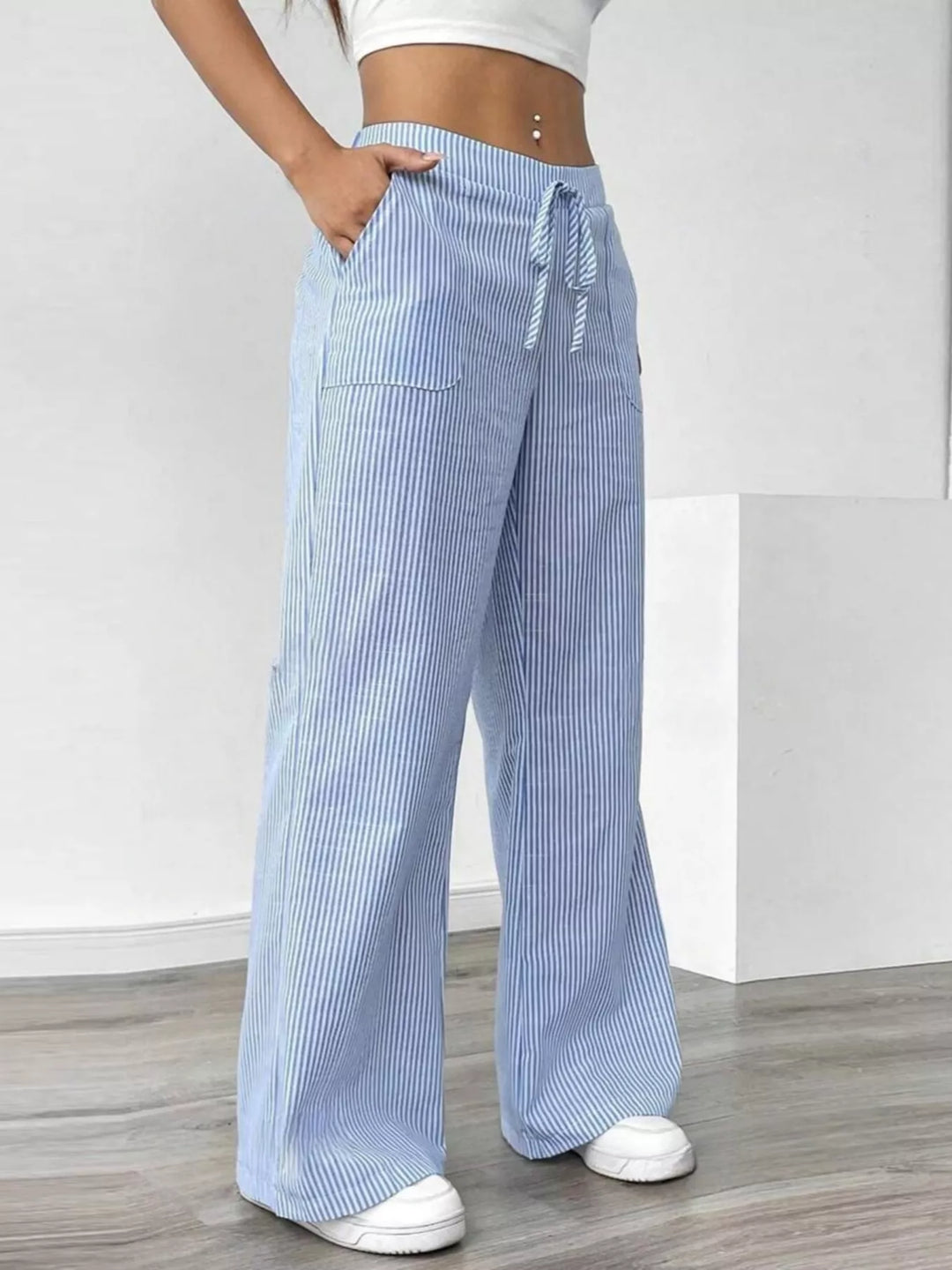 Pinstripe wide-leg pants with drawstring waist