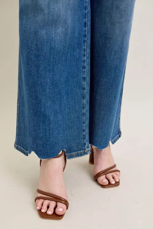 High-rise tummy control wide leg jeans with raw chewed hem
