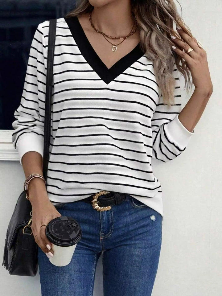 Black Striped V-neck long sleeve top with contrast trim