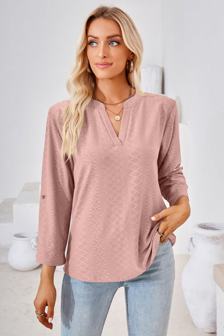 Dusty Pink Textured split v-neck blouse with roll-tab sleeves