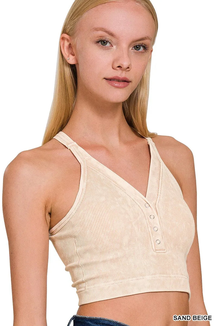 SAND BEIGE Washed ribbed seamless V-neck crop tank with snap-button detail