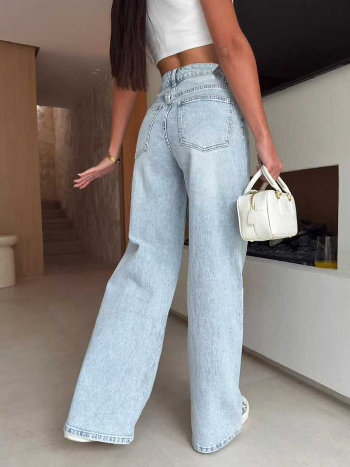 Lace-up corset-front high-rise wide leg jeans
