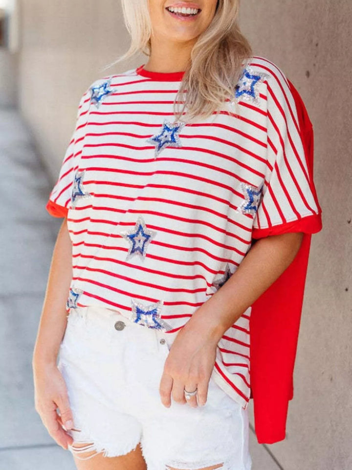 Patriotic stripe sequin star short-sleeve t-shirt