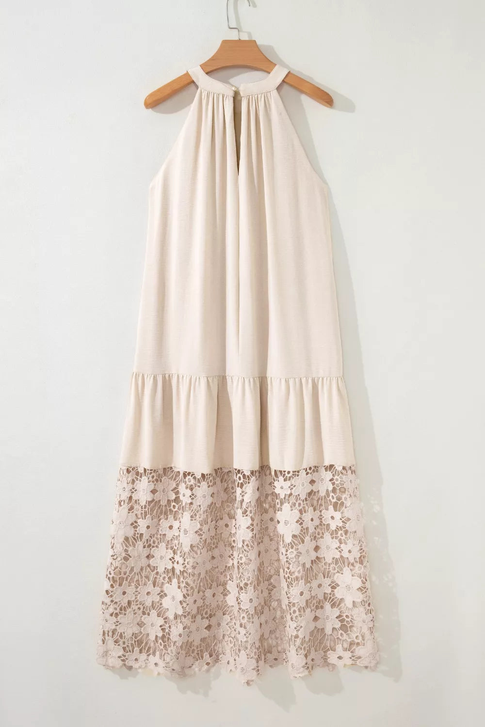 Tiered halter maxi dress with floral lace hem
