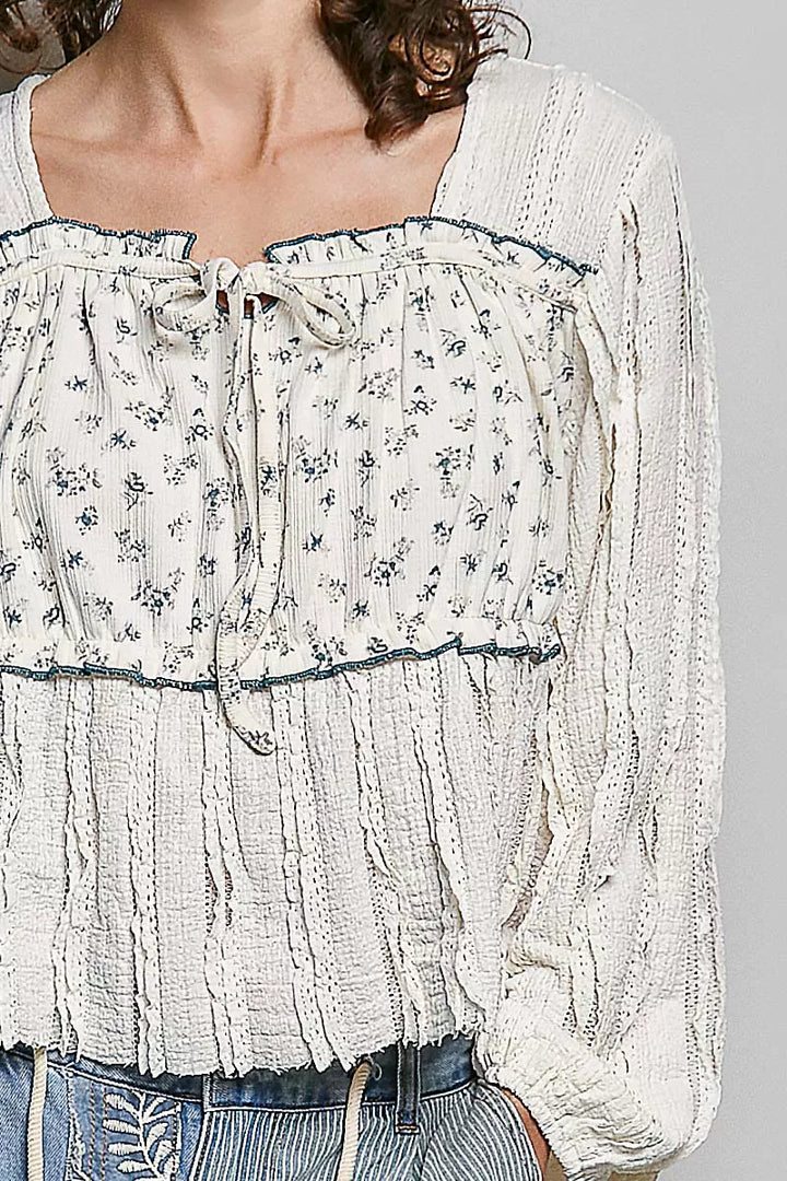 Square neck balloon sleeve boho top with floral panel