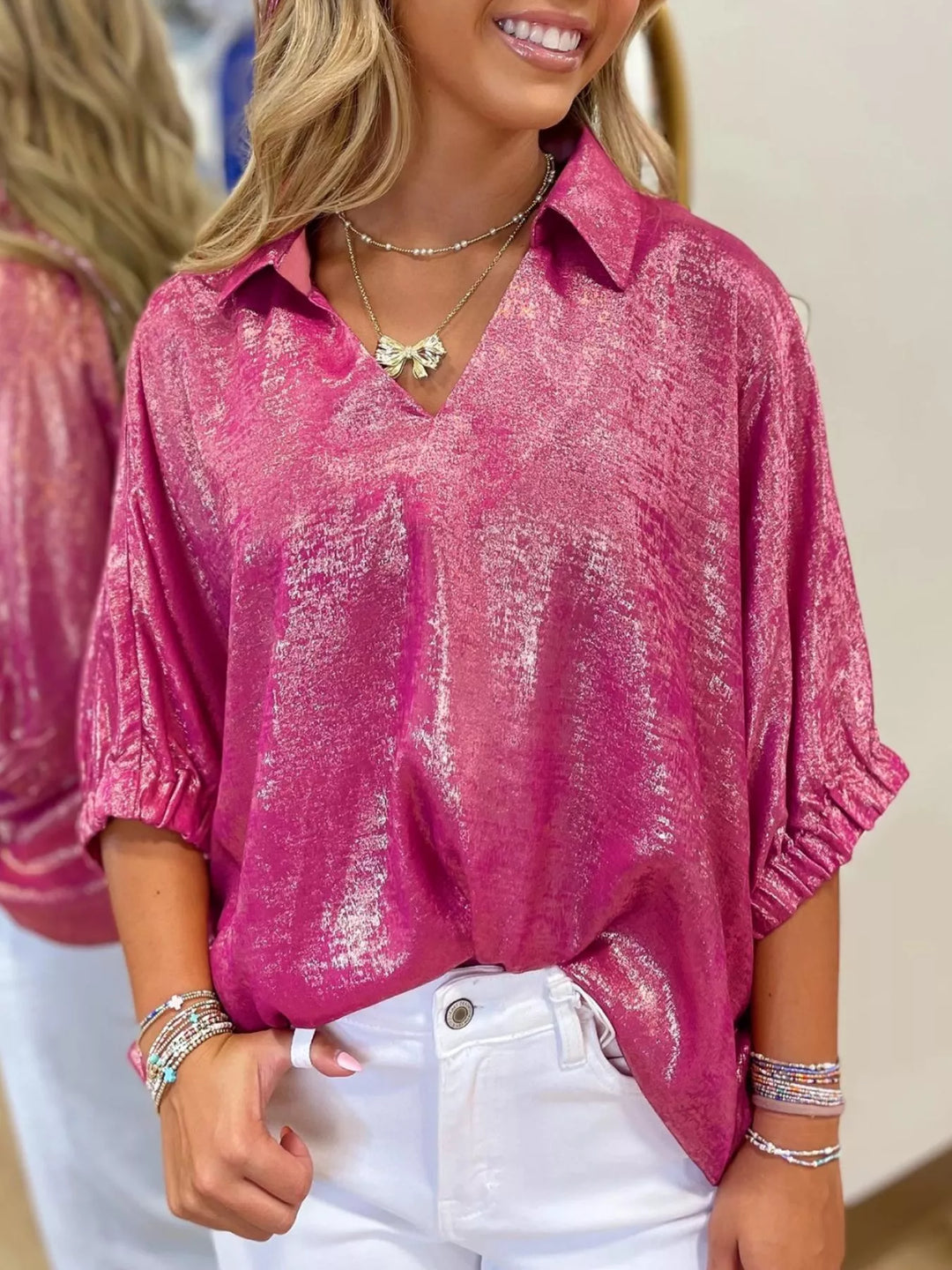 Deep Rose Metallic collared V-neck top with elastic cuff half sleeves