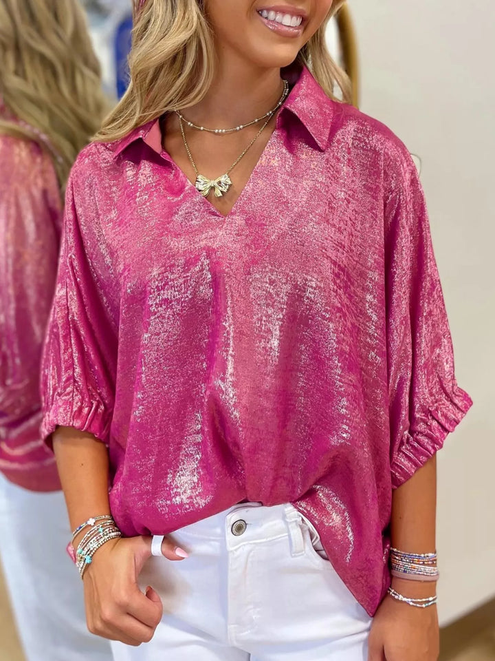 Deep Rose Metallic collared V-neck top with elastic cuff half sleeves