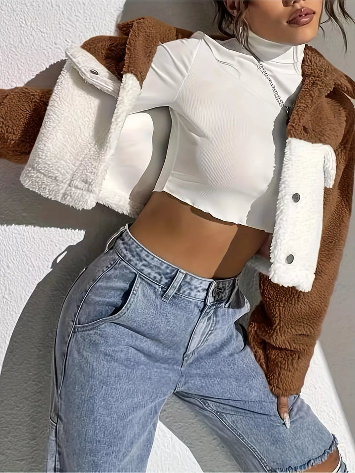 Two-tone sherpa cropped trucker jacket with snap front
