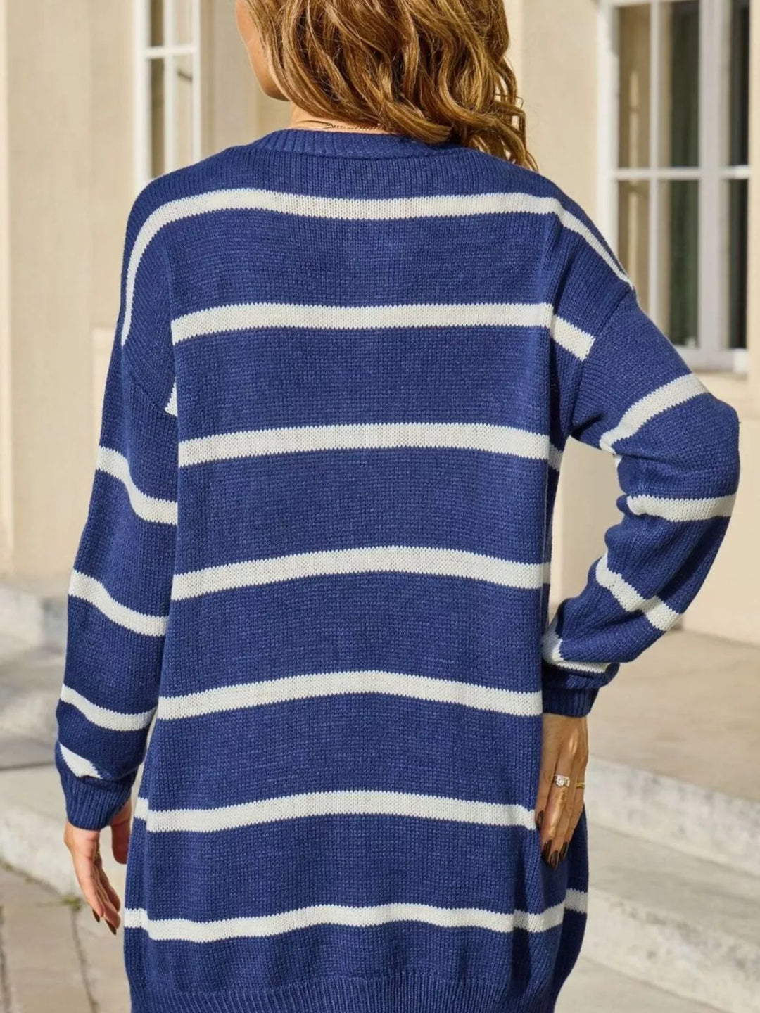 Striped button-front longline knit cardigan with ribbed trim