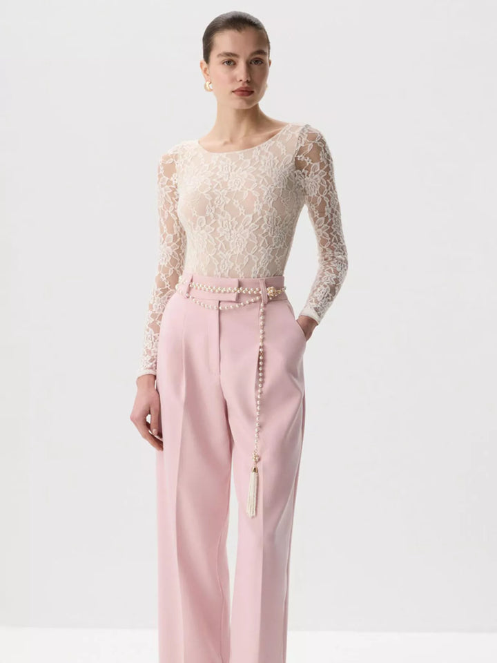 Sheer floral lace round neck long sleeve top