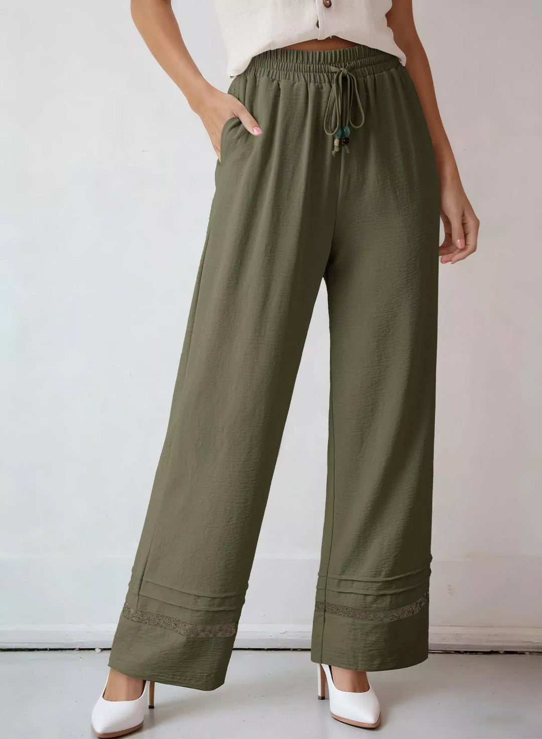 Matcha Green Wide leg drawstring pants with embroidered lace hem