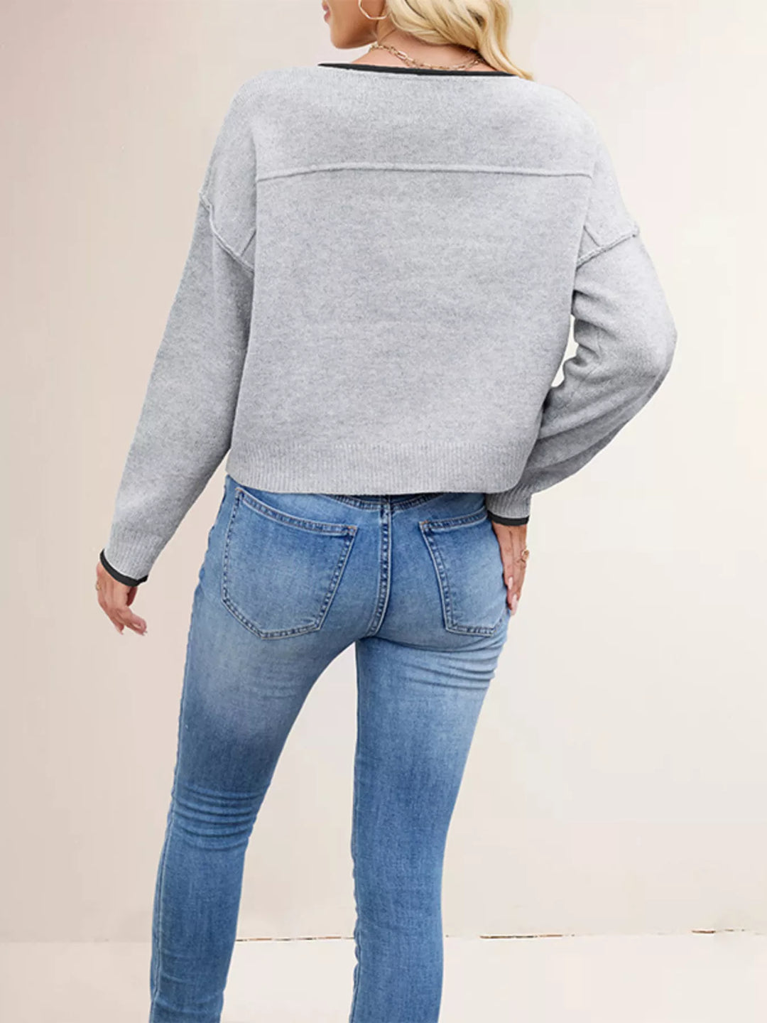 Contrast trim drop shoulder knit sweater with ribbed hem
