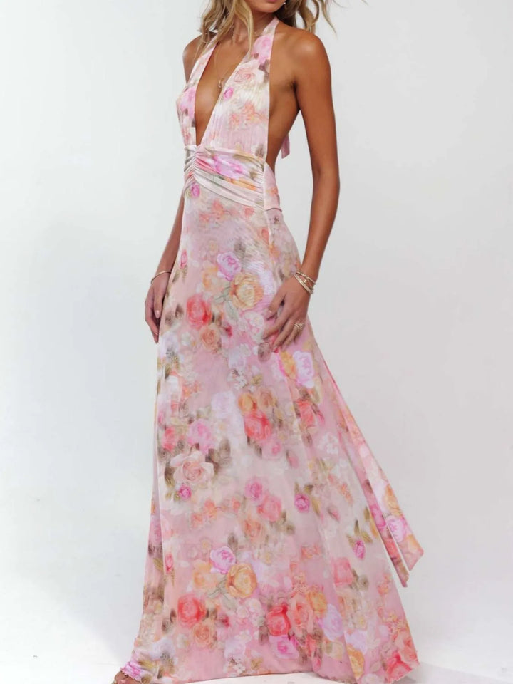 Backless floral halter deep V maxi dress with ruched waist