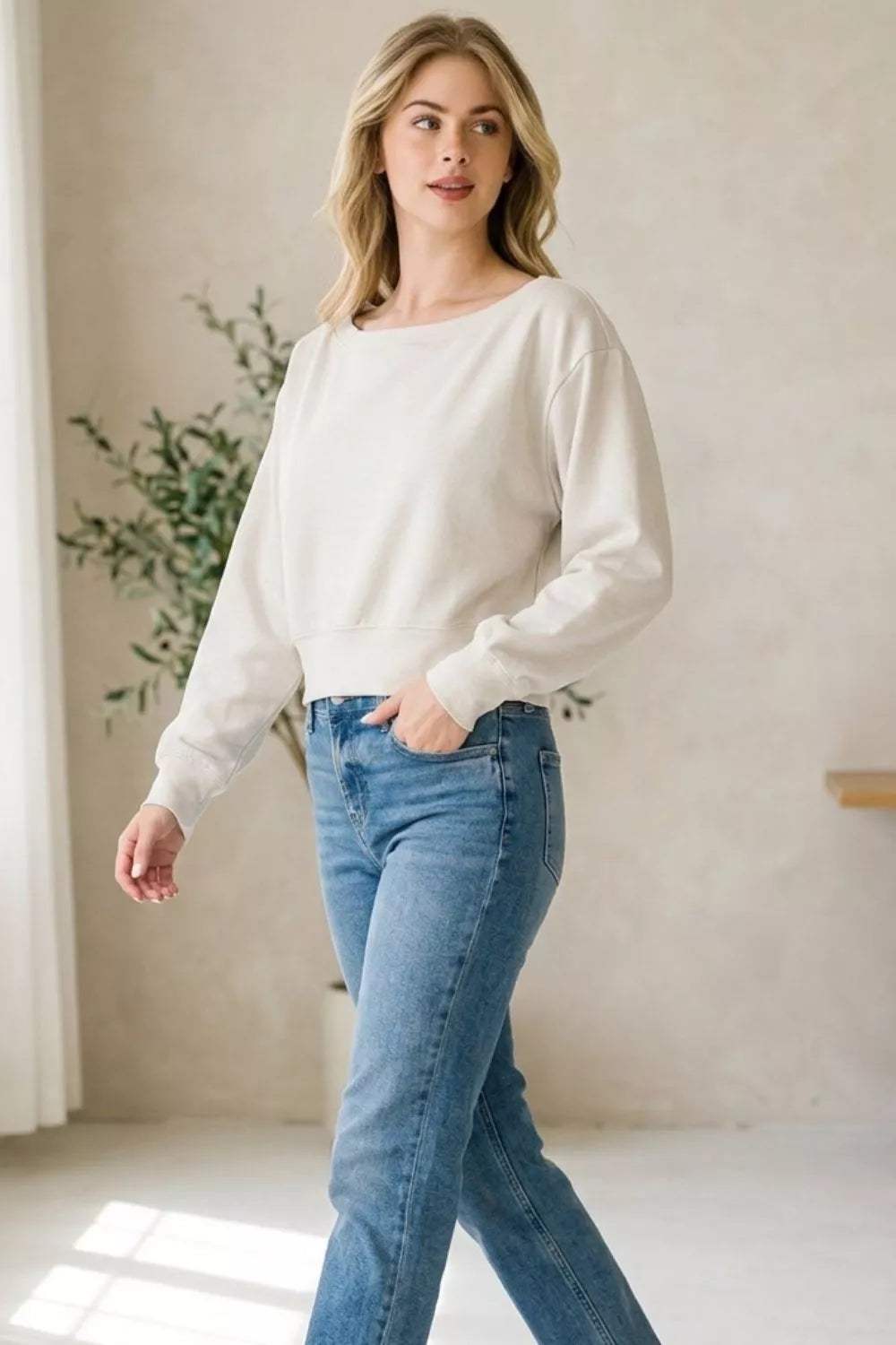 Scuba knit cropped boat neck pullover sweatshirt