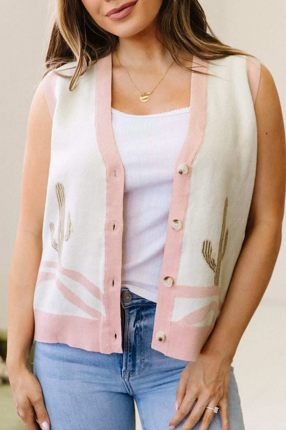 White Cactus knit button-front sweater vest with contrast trim