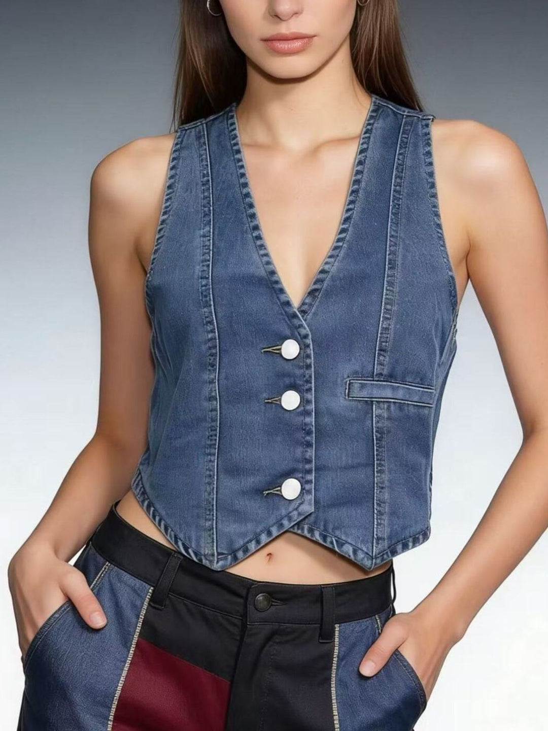 Dark Blue Cropped denim button-down vest with V-neckline