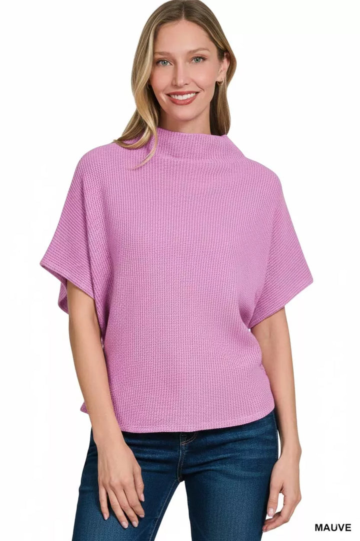 Waffle knit mock neck short sleeve sweater with side shirring
