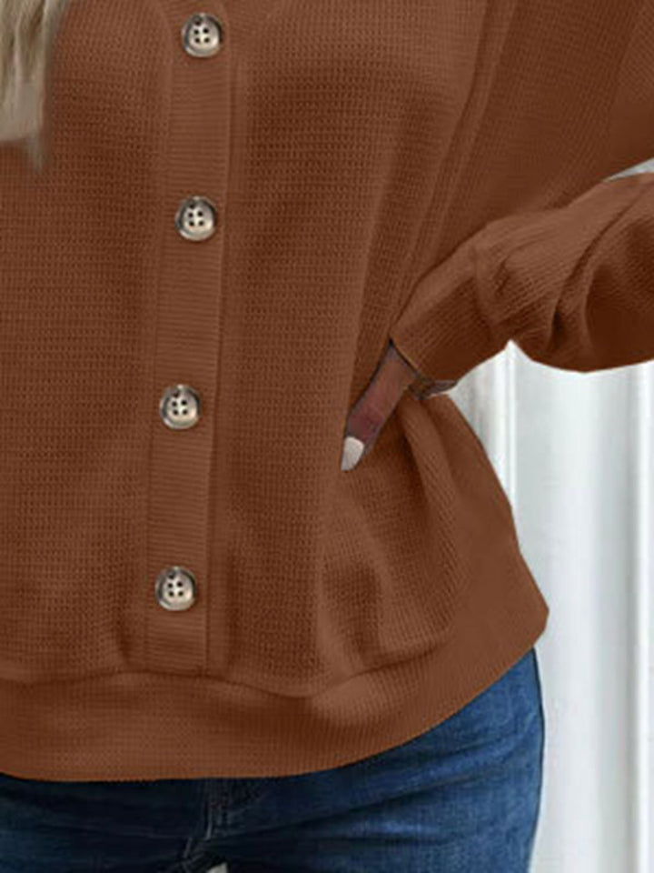 Waffle-knit V-neck button-front top with dropped shoulders