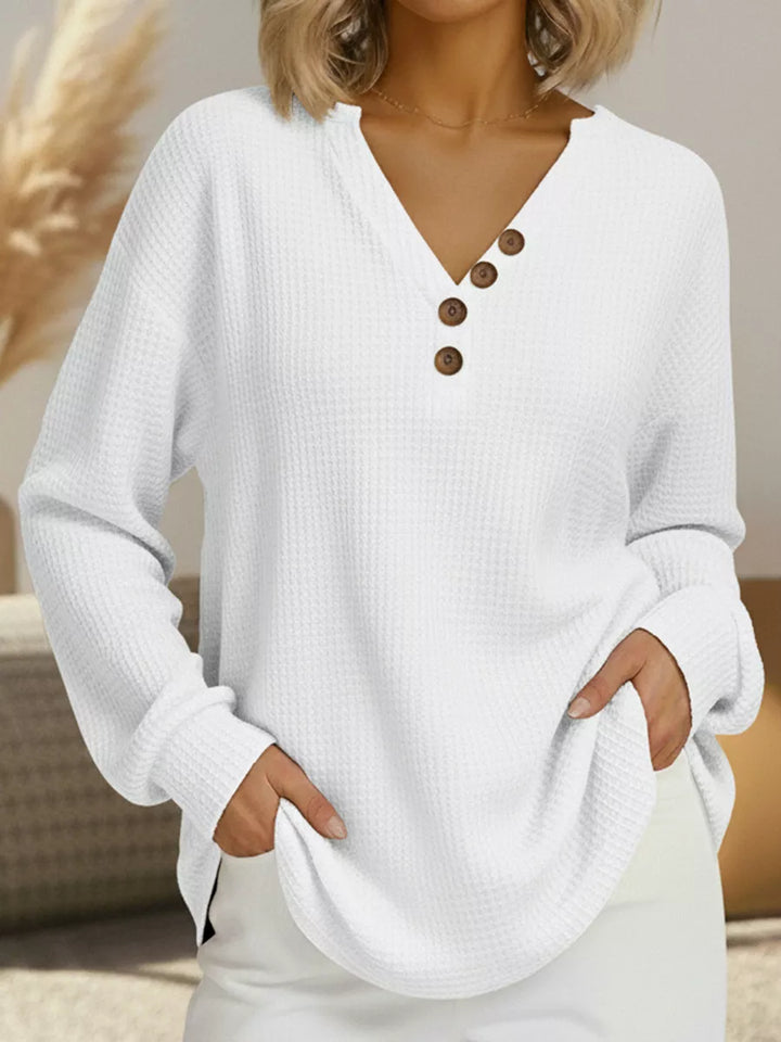 White Waffle knit henley top with V-neck button placket